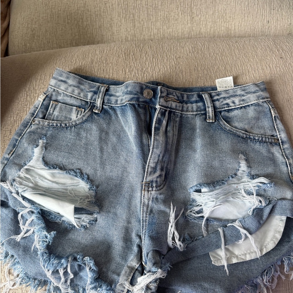 Women's Distressed Denim Shorts - Light Blue